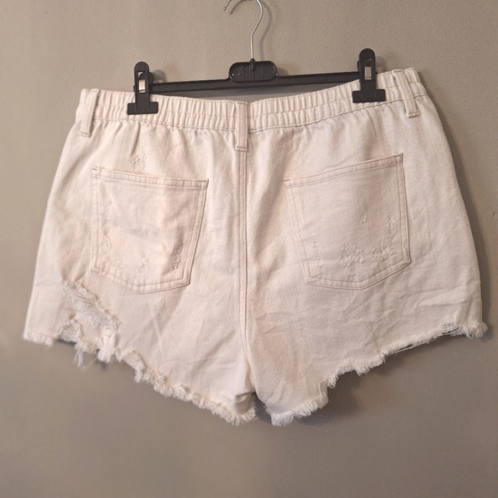 Aerie Cream Jean Shorts with Frayed Hem and Elastic Waistband Sz Large